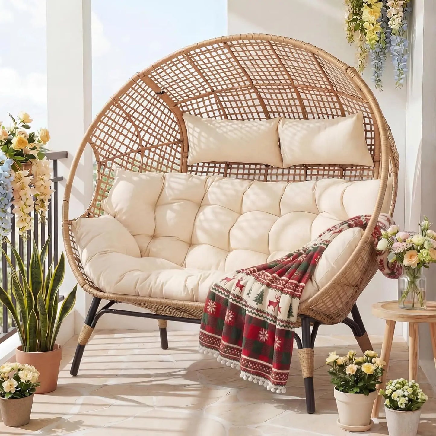 Double Egg Loveseat Wicker Rattan Cushioned Patio Sofa For Garden