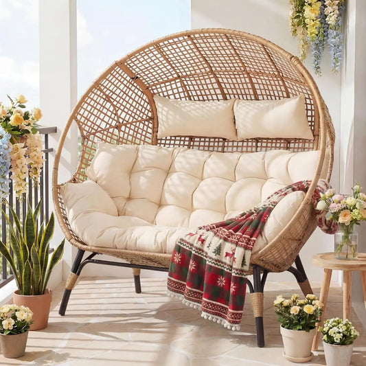 Double Egg Loveseat Wicker Rattan Cushioned Patio Sofa For Garden