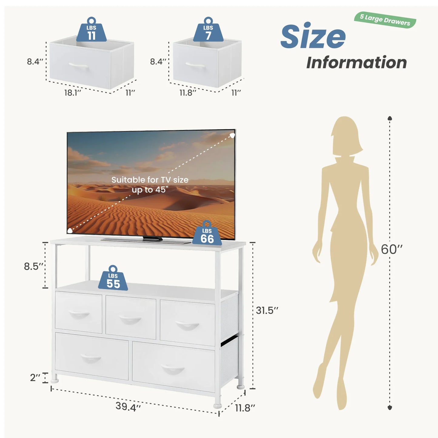 MCQ TV Stand Dresser With Five Fabric Storage Drawers