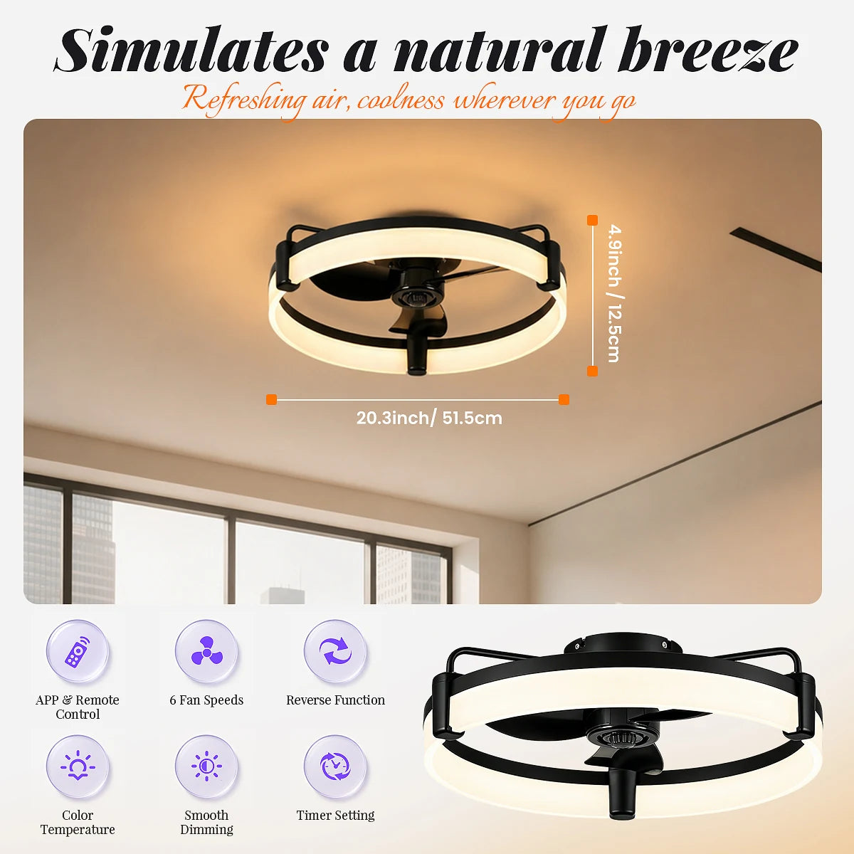 Aiopp Modern Flush Mount Ceiling Fan With Ring LED Light