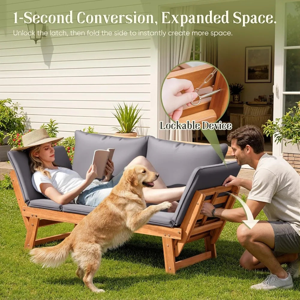 Adjustable Outdoor Loveseat with Cushions, Acacia Wood Patio Sofa for Balcony Backyard (Grey)