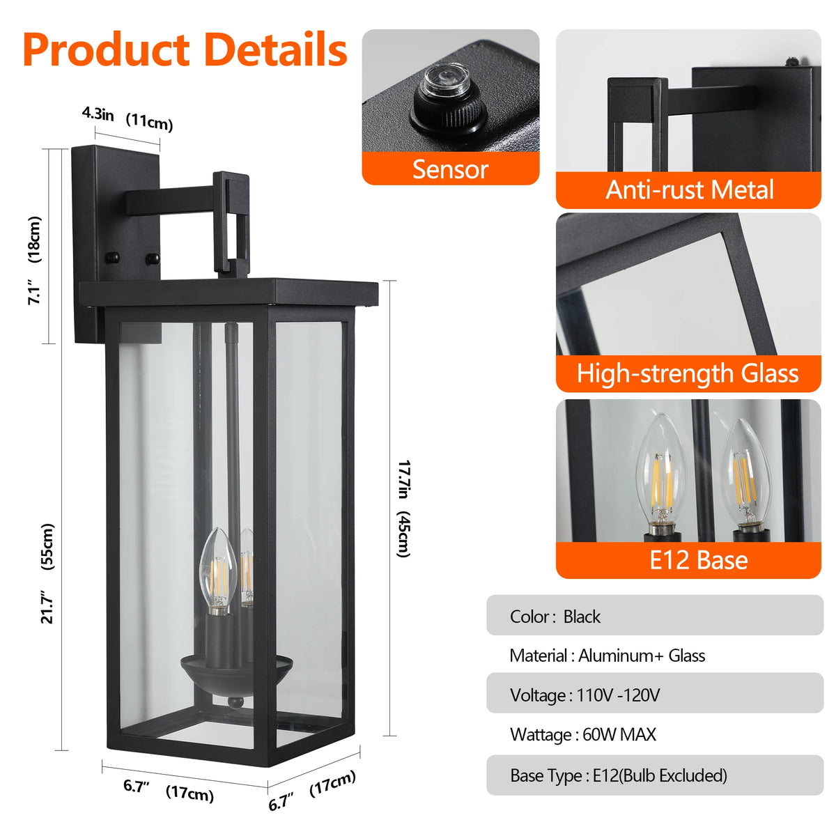 ARLGSITE Outdoor Wall Lantern With Dusk To Dawn Sensor And Glass Panels