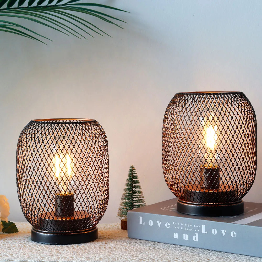 NEWIMAGE Metal Cage Table Lamp LED Lantern Battery Powered