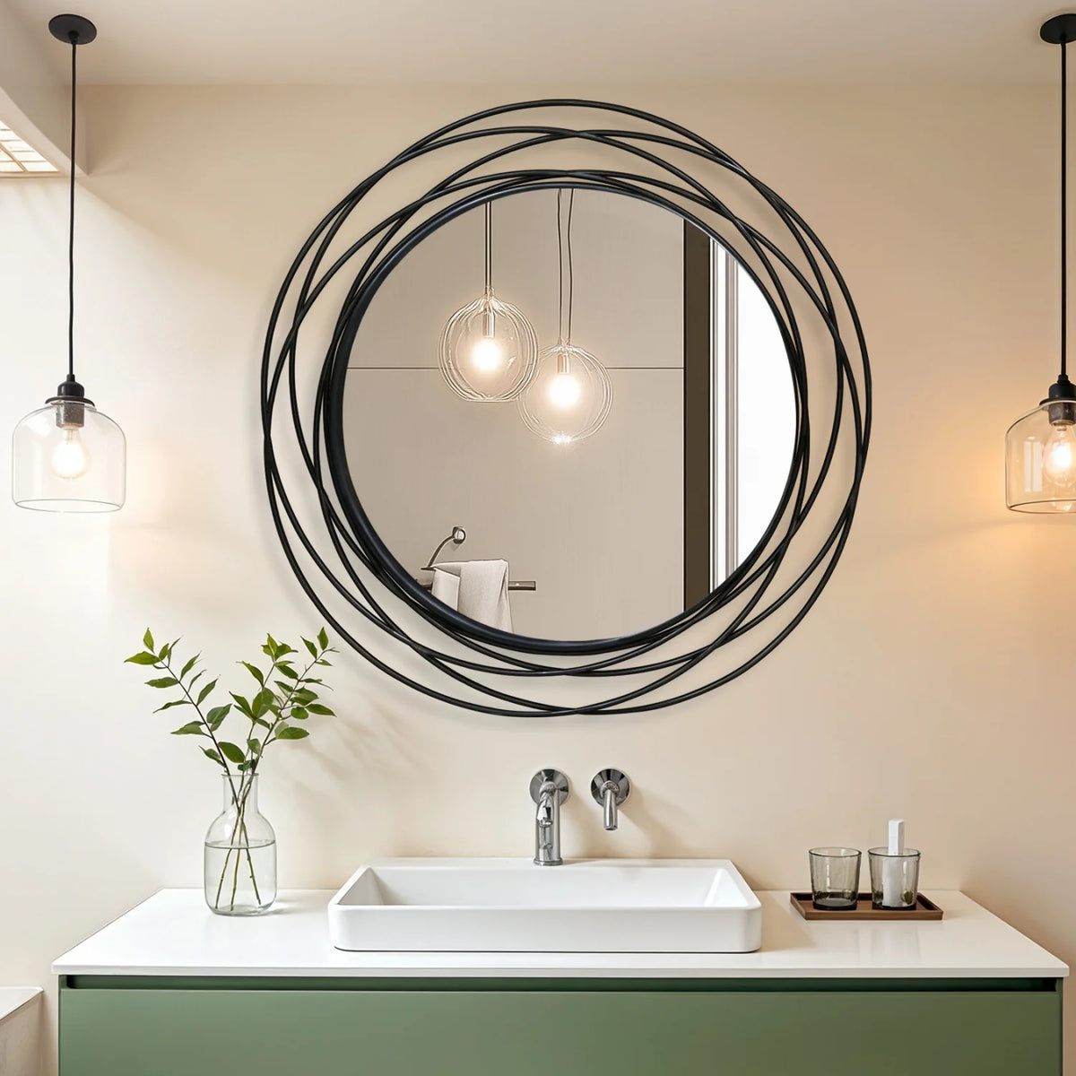 Decorative Round Wall Mirror With Iron Wire Frame For Home Decor