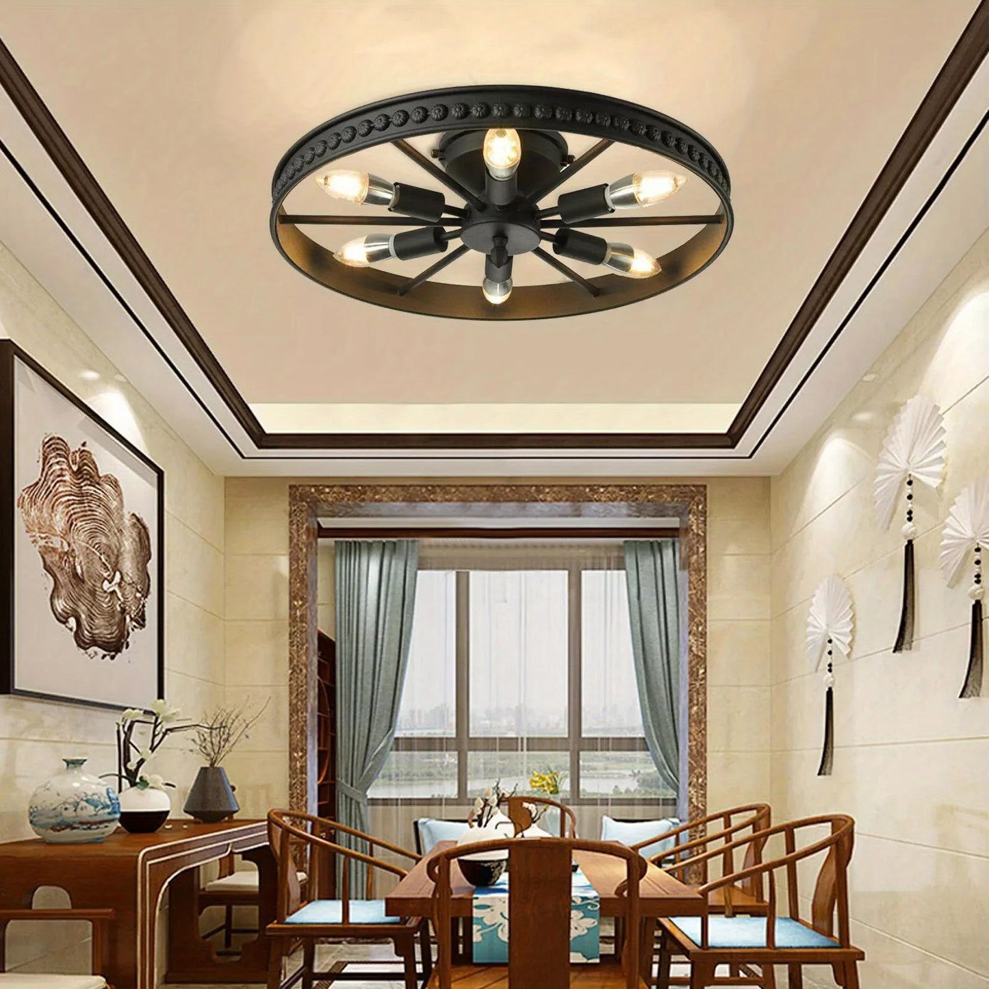 Industrial 6 Light Black Iron Flush Mount Ceiling Fixture For Living Room