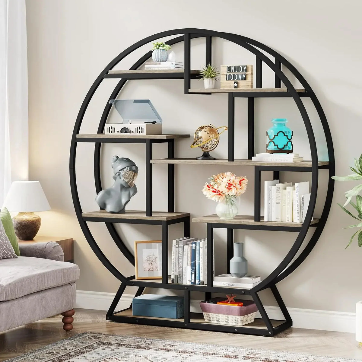 Tribesigns Round Industrial Bookshelf With Staggered Wood Shelves