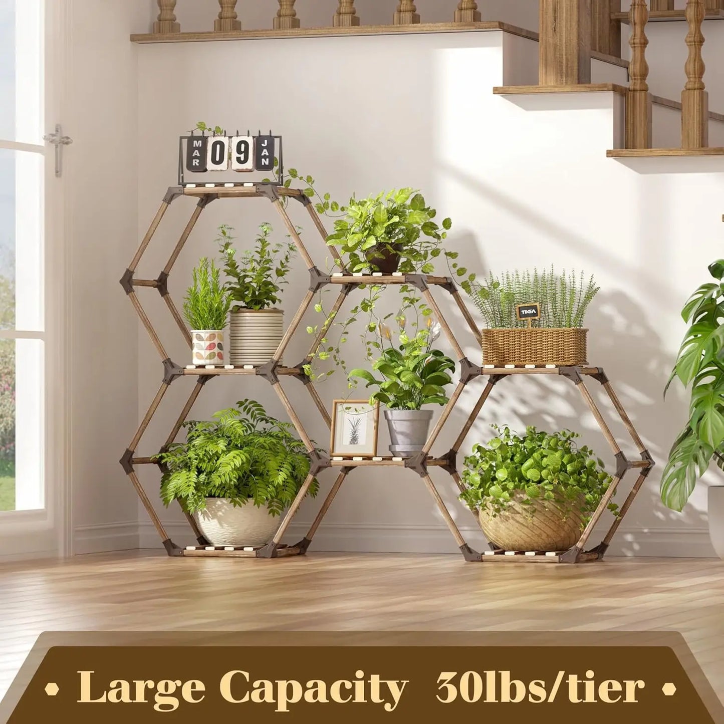 Hexagonal Wooden Plant Stand for Indoor and Outdoor Use