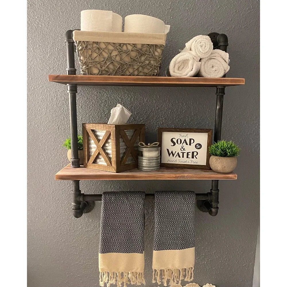 Industrial Pipe Style Wall Mounted Shelves With Towel Rack