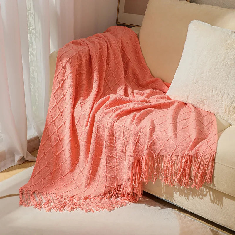Acrylic Knitted Throw Blanket With Tassels For Sofa And Bed