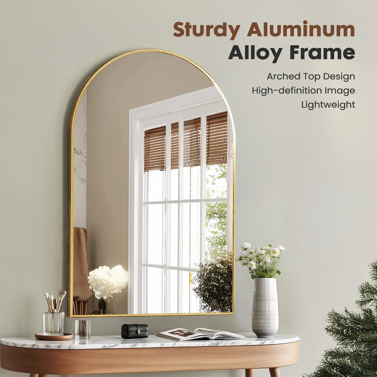 JHK 26"x38" Arched Metal Framed Bathroom Mirrors for Wall  Hanging Mirror Glass Mirror Modern Wall Decor For Bedroom Entryway