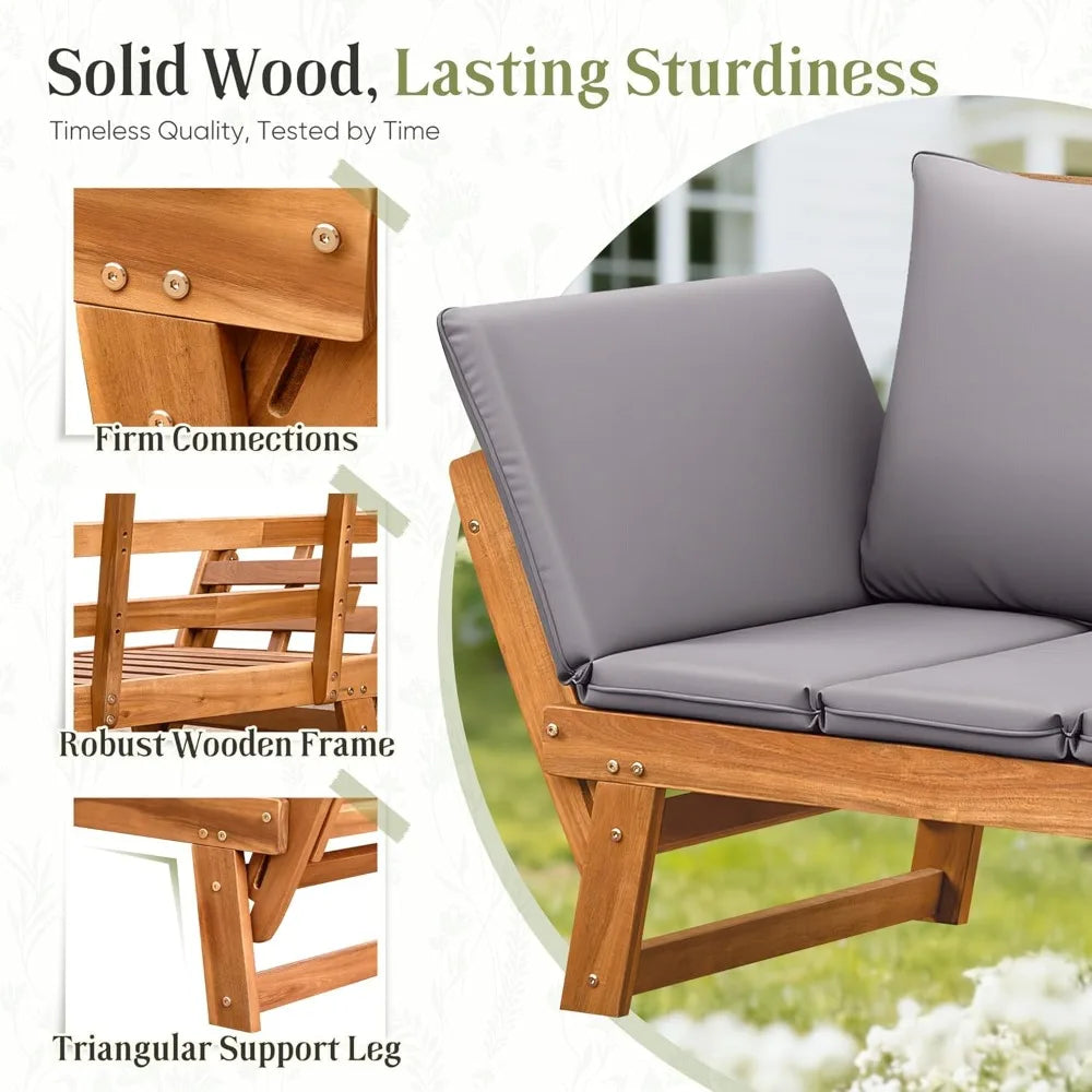 Adjustable Outdoor Loveseat with Cushions, Acacia Wood Patio Sofa for Balcony Backyard (Grey)