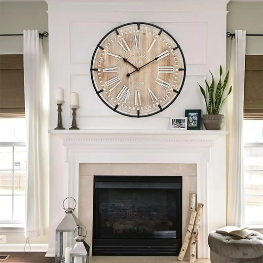 Grand Farmhouse Wall Clock Vintage Inspired Wood And Metal Timepiece