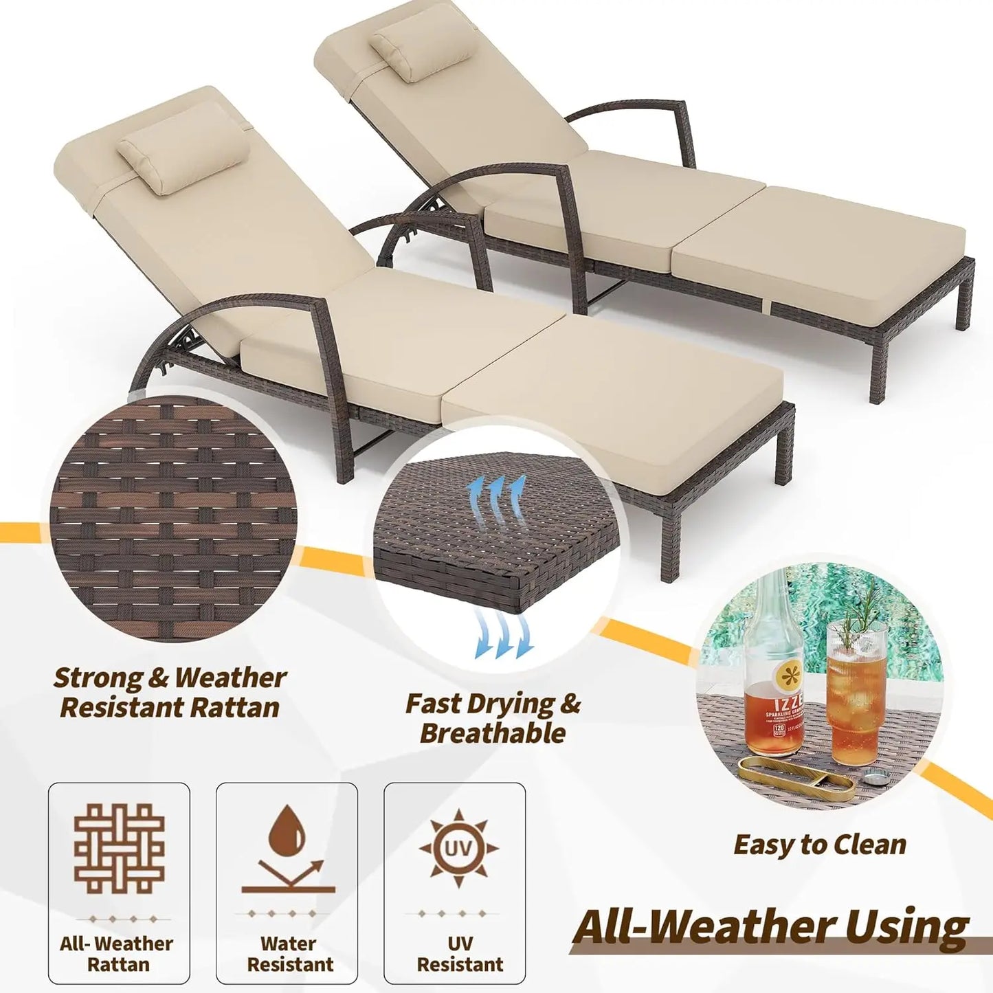 Outdoor Rattan Folding Chaise Lounge Set With Five Position Back