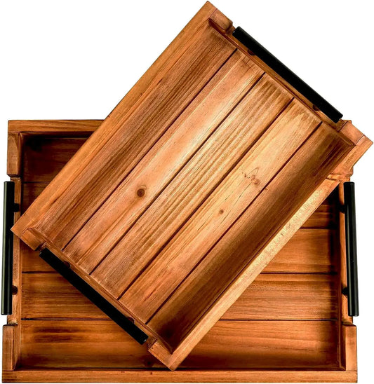 Vintage Wood Serving Tray Set With 3 Nested Trays For Kitchen Durable Stackable
