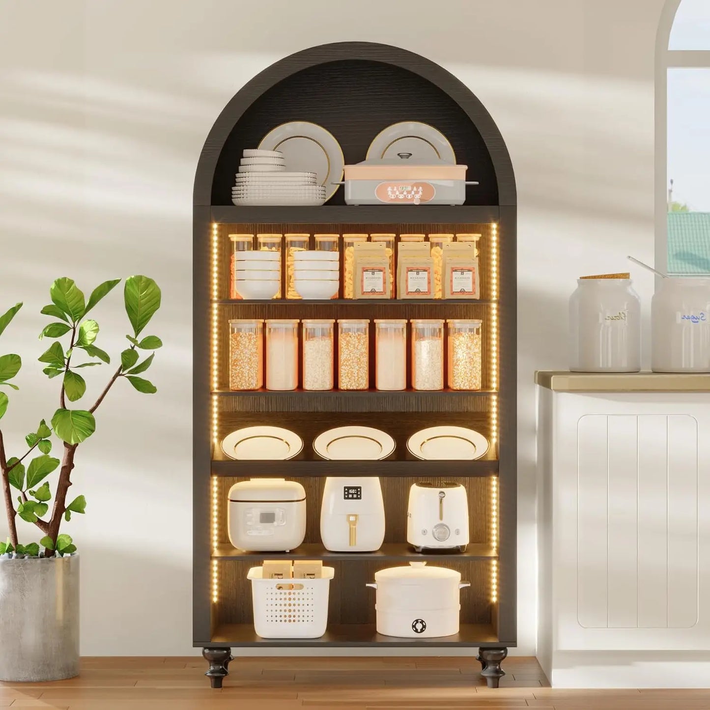 Wine Bar Cabinet With LED Lighting And Glassware Storage