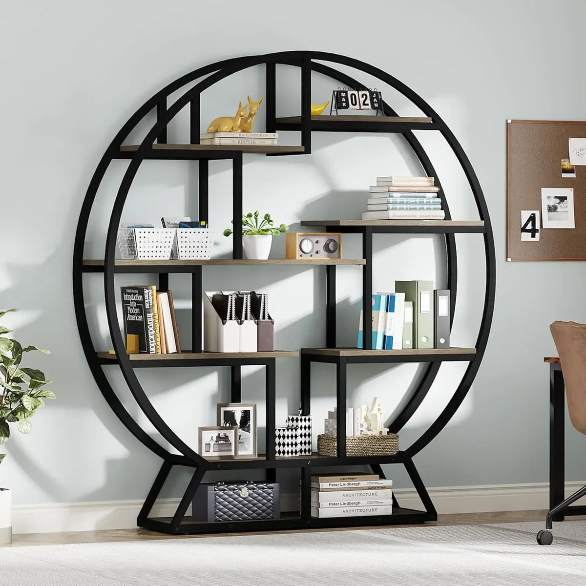 Tribesigns Round Industrial Bookshelf With Staggered Wood Shelves