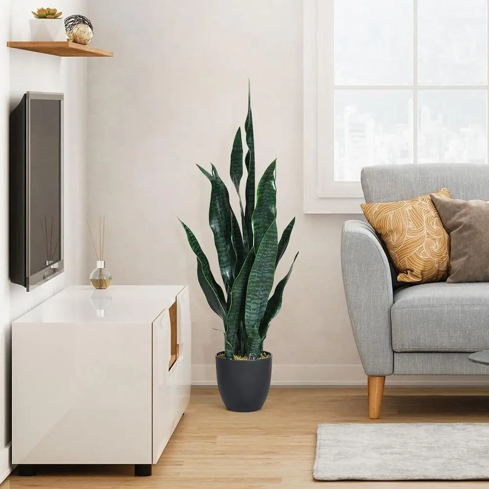 Artificial Snake Plant, 3 FT Fake Sansevieria Plant with 20 Thick Leaves, Faux Floor Plant in Black Pot for Living Room Home Of