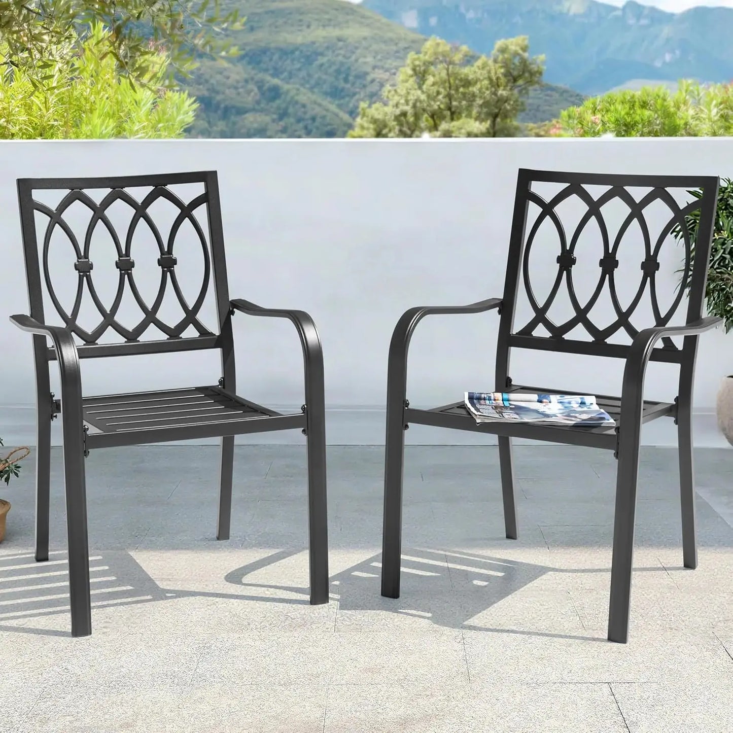 Stackable Metal Patio Dining Chairs with Armrest, Outdoor Garden Backyard Deck Poolside Bistro Set of 2, Black, Custom