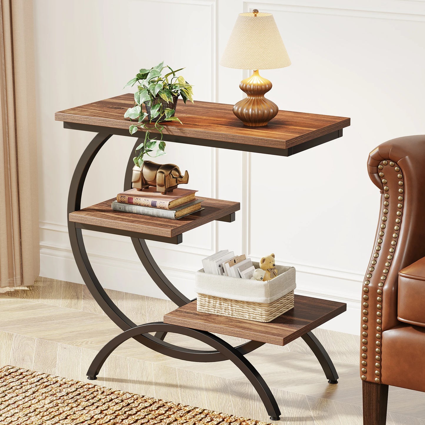 Tribesigns C Shaped End Table With Storage Shelves
