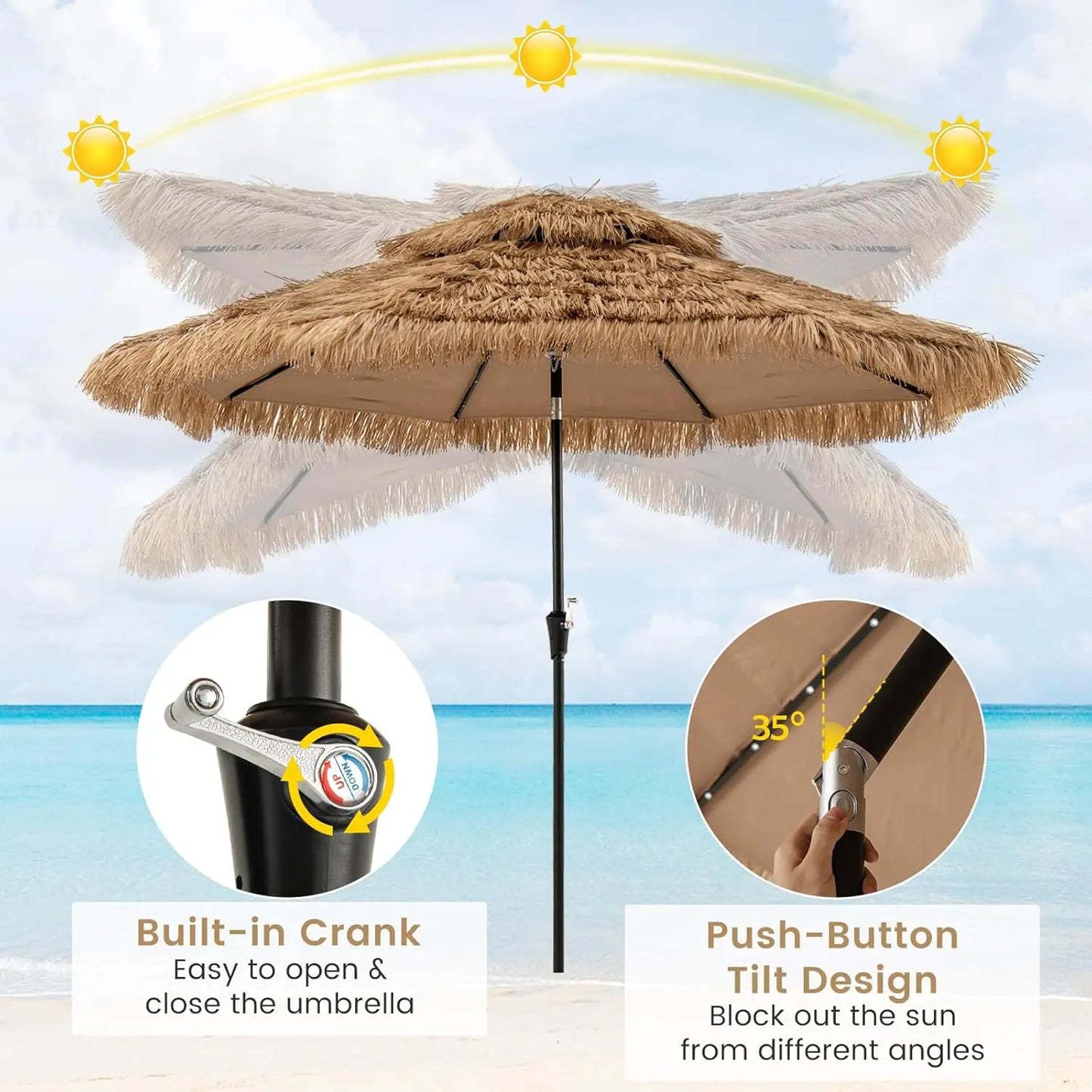 10ft Hula Thatched Tiki Umbrella, 2-Tier Hawaiian Style Solar Patio Umbrella with 32 LED Lights, Central Hub Light,, Customized