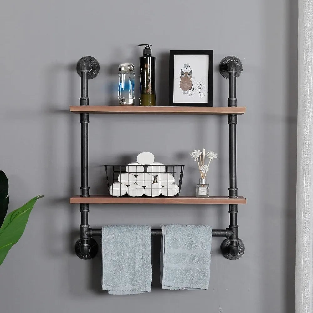 Industrial Pipe Style Wall Mounted Shelves With Towel Rack