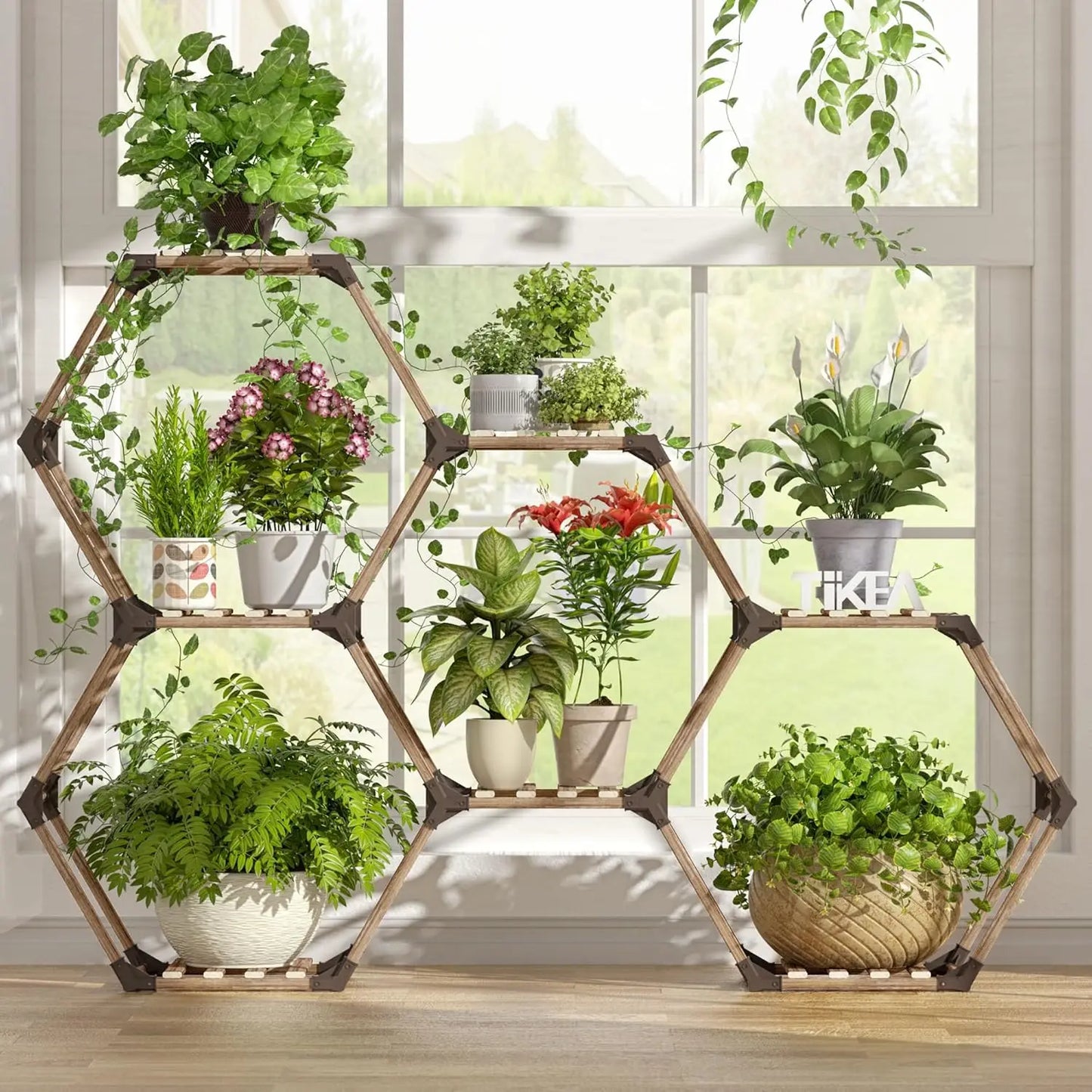 Hexagonal Wooden Plant Stand for Indoor and Outdoor Use