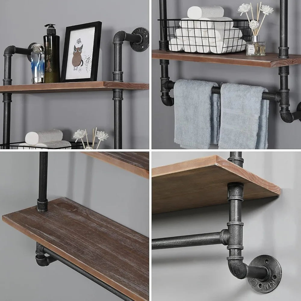 Industrial Pipe Style Wall Mounted Shelves With Towel Rack