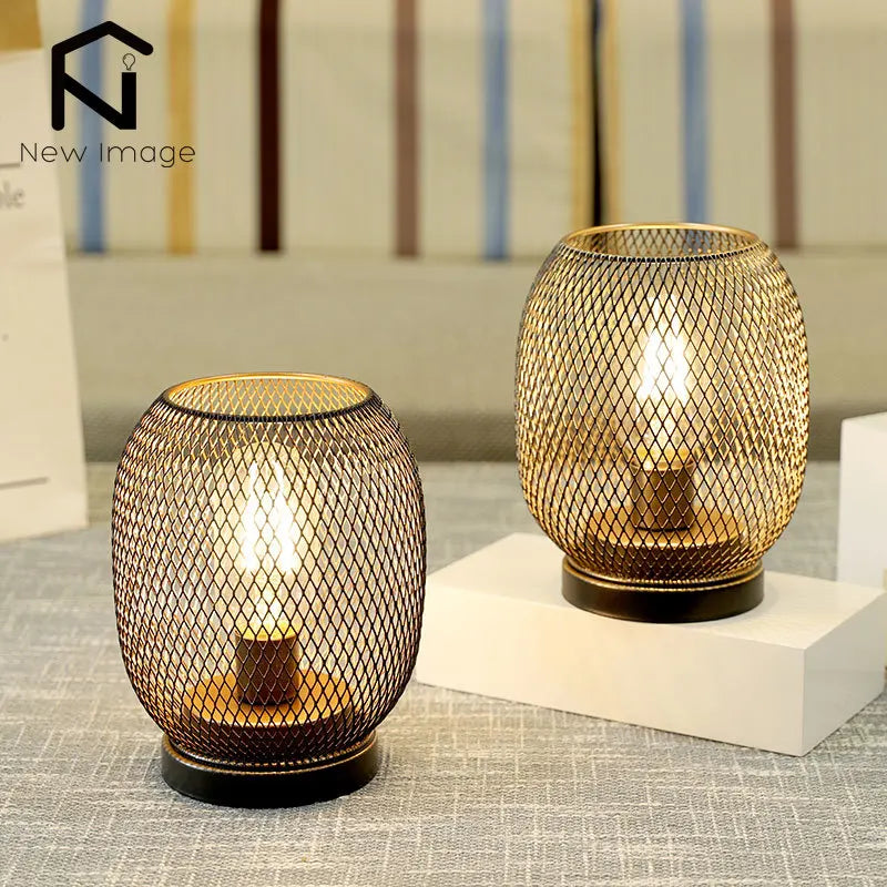 NEWIMAGE Metal Cage Table Lamp LED Lantern Battery Powered
