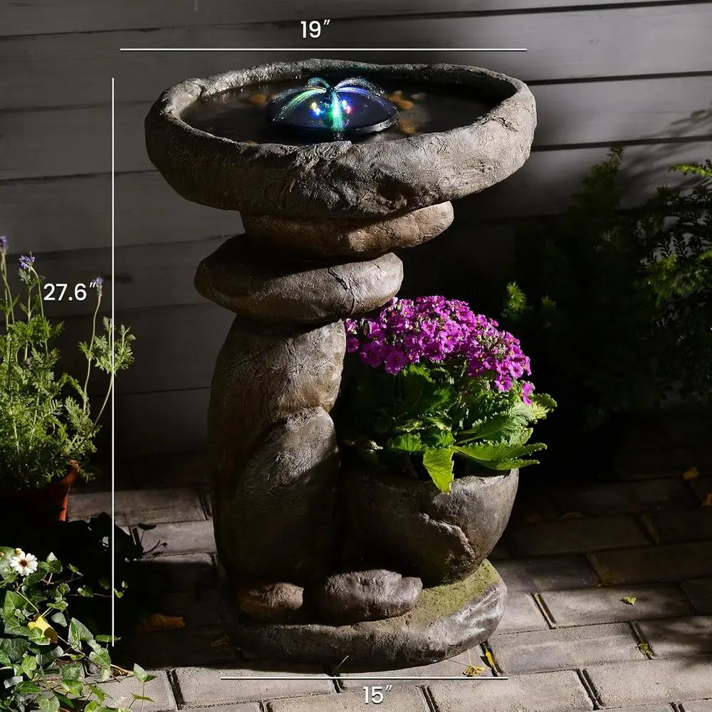 Outdoor Rock Waterfall Fountain With Planter And LED Lights