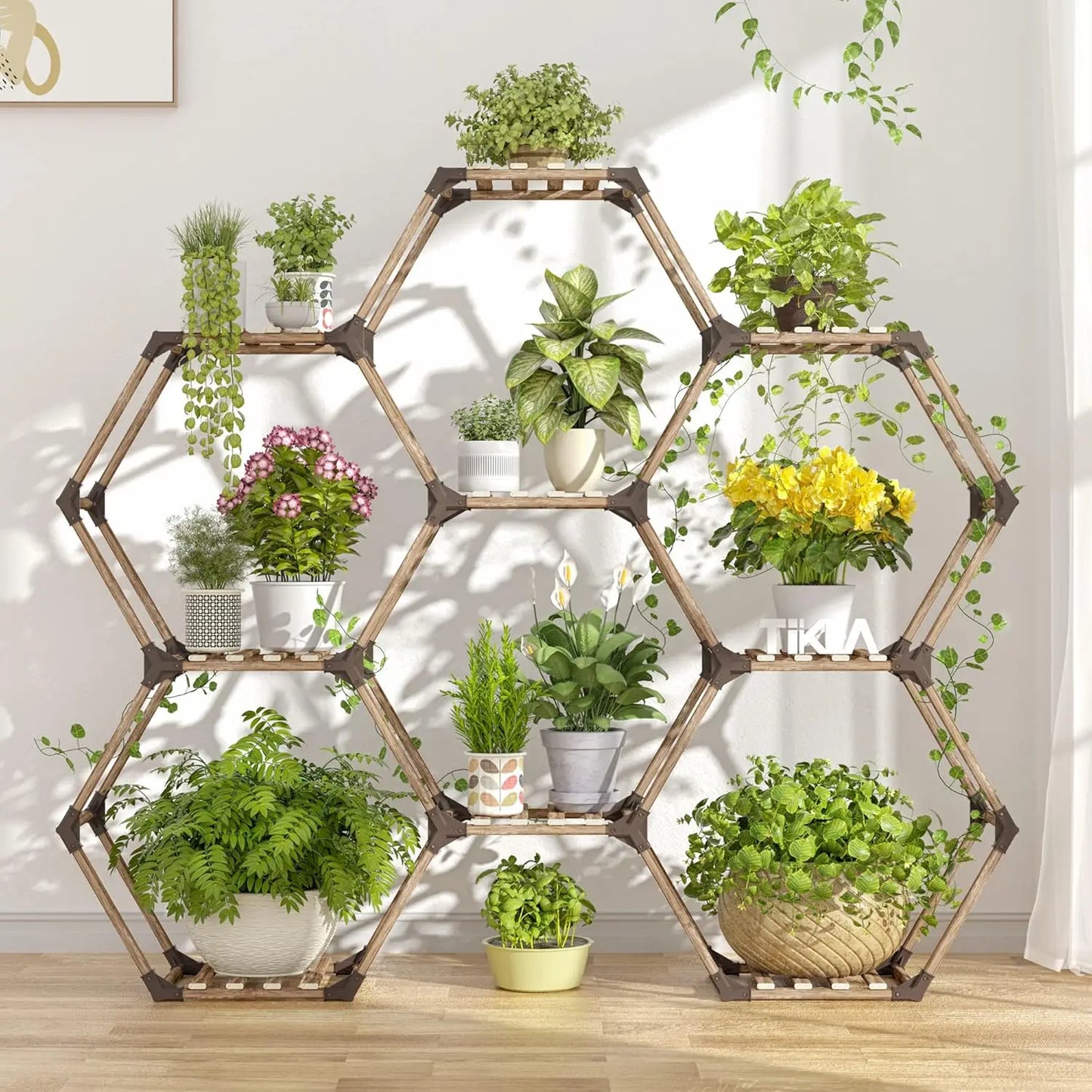 Hexagonal Plant Stand Indoor Outdoor Large Wooden Shelf 6 Tier 9 Pot Holder for Patio Balcony Living Room