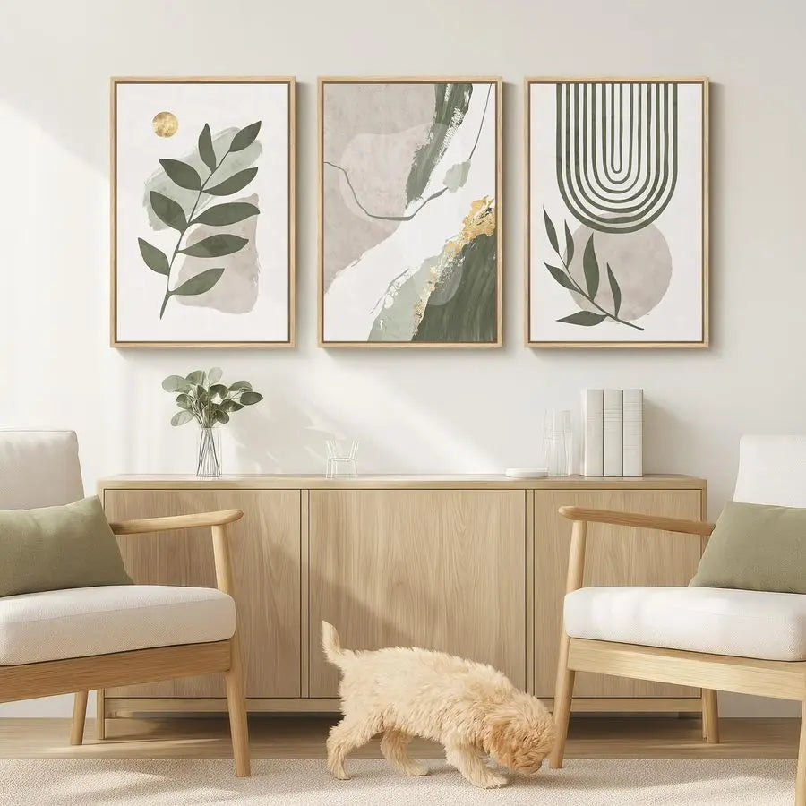 Framed Boho Sage Green Abstract Wall Art for Living Room, 3 Piece Leaf Botanical Canvas Artworks Decor, Minimalist Geometric Bei