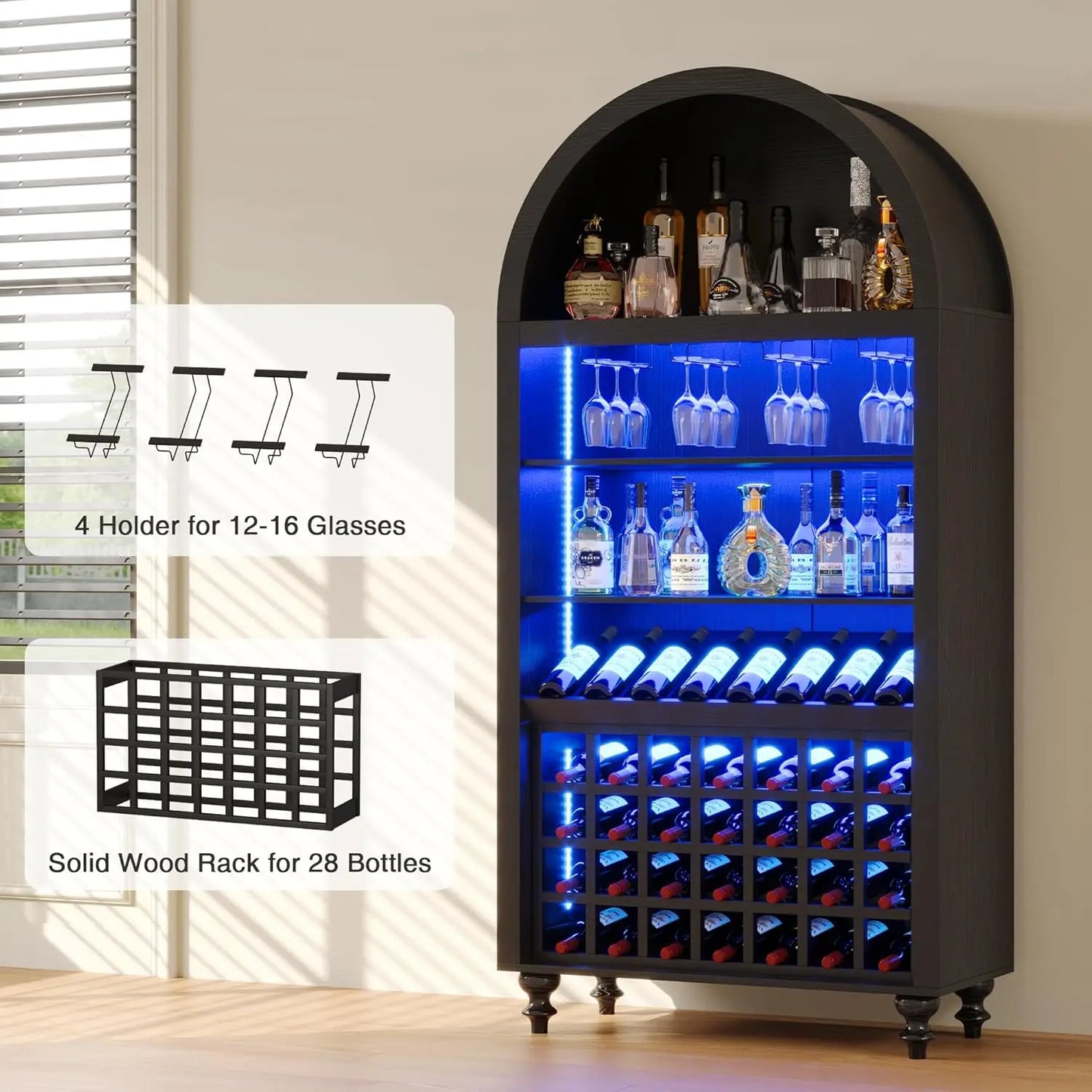 Wine Bar Cabinet With LED Lighting And Glassware Storage