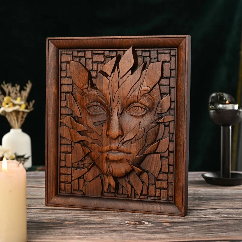 Handmade Wooden Wall Art Abstract Split Face Sculpture 3D Carved Relief