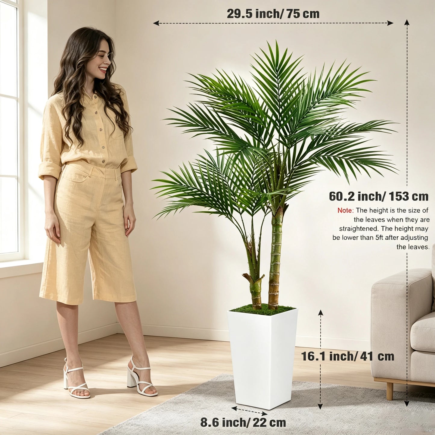 60inch Artificial Areca Palm Tree Fake Palm Tropical Plants with White Tall Planter, Faux Floor Silk Plant in Pot, Large Trees for Home Office Living Room Decor House Warming, Indoor Outdoor