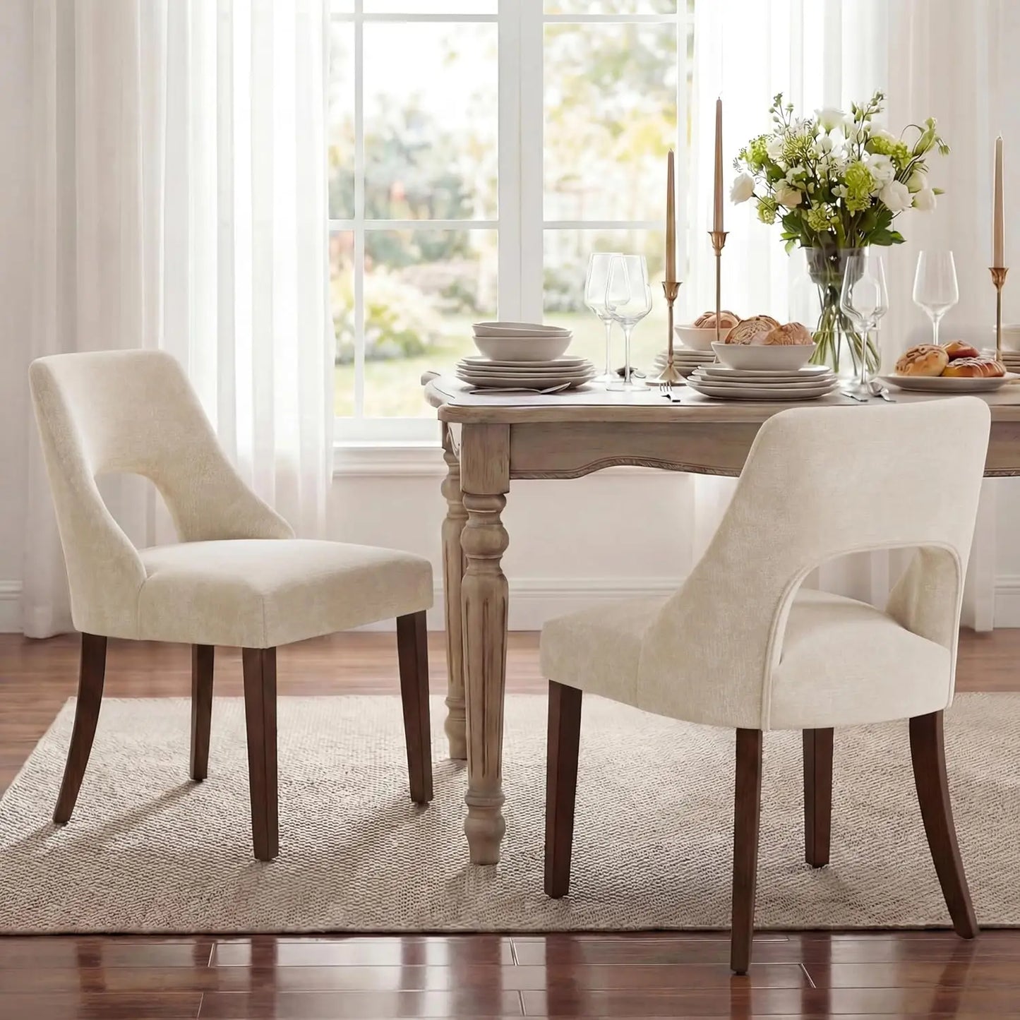 Wooden Dining Chairs Set Of 2 Mid Century Modern Chenille Upholstered