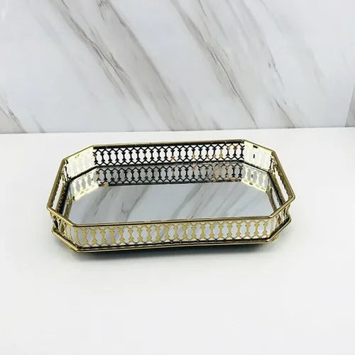 Large 35x25cm Golden Rectangular Metal Tray with Glass Top for Makeup Jewelry Storage Organizer in Living Room Bedroom Decor