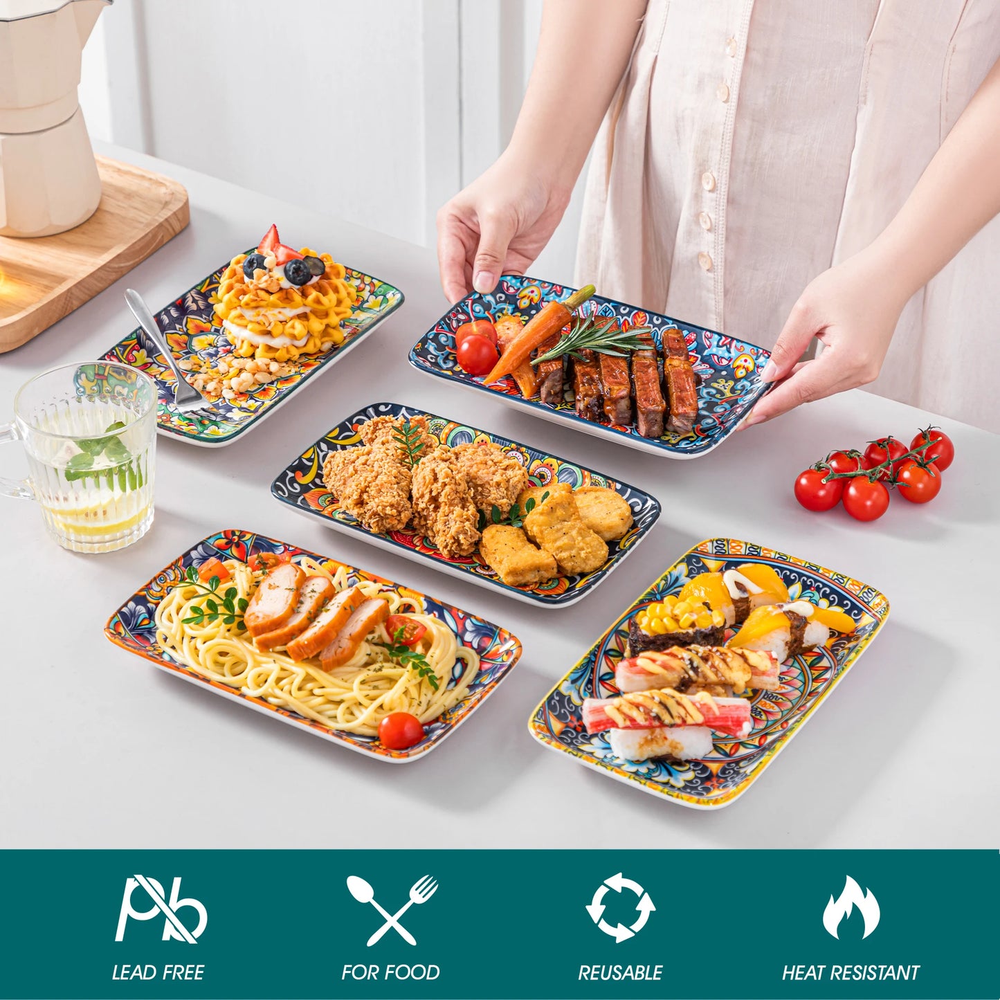 MALACASA Rectangular Porcelain Serving Plates Set for Beef and Pasta