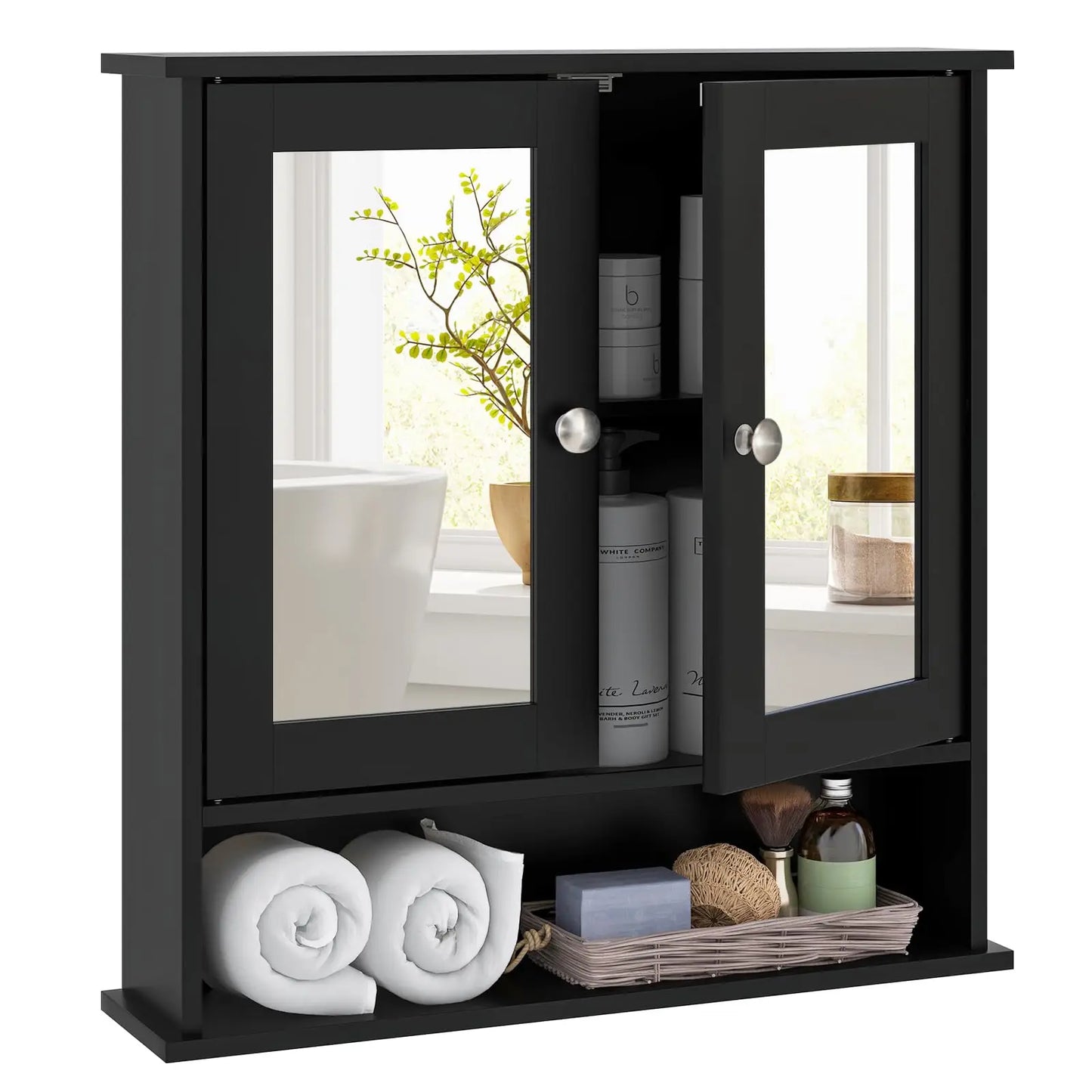 Tangkula Bathroom Medicine Cabinet With Mirror, Wall Mounted Wooden Hanging Organizer With Doors And Shelves, Bathroom Wall Mirr