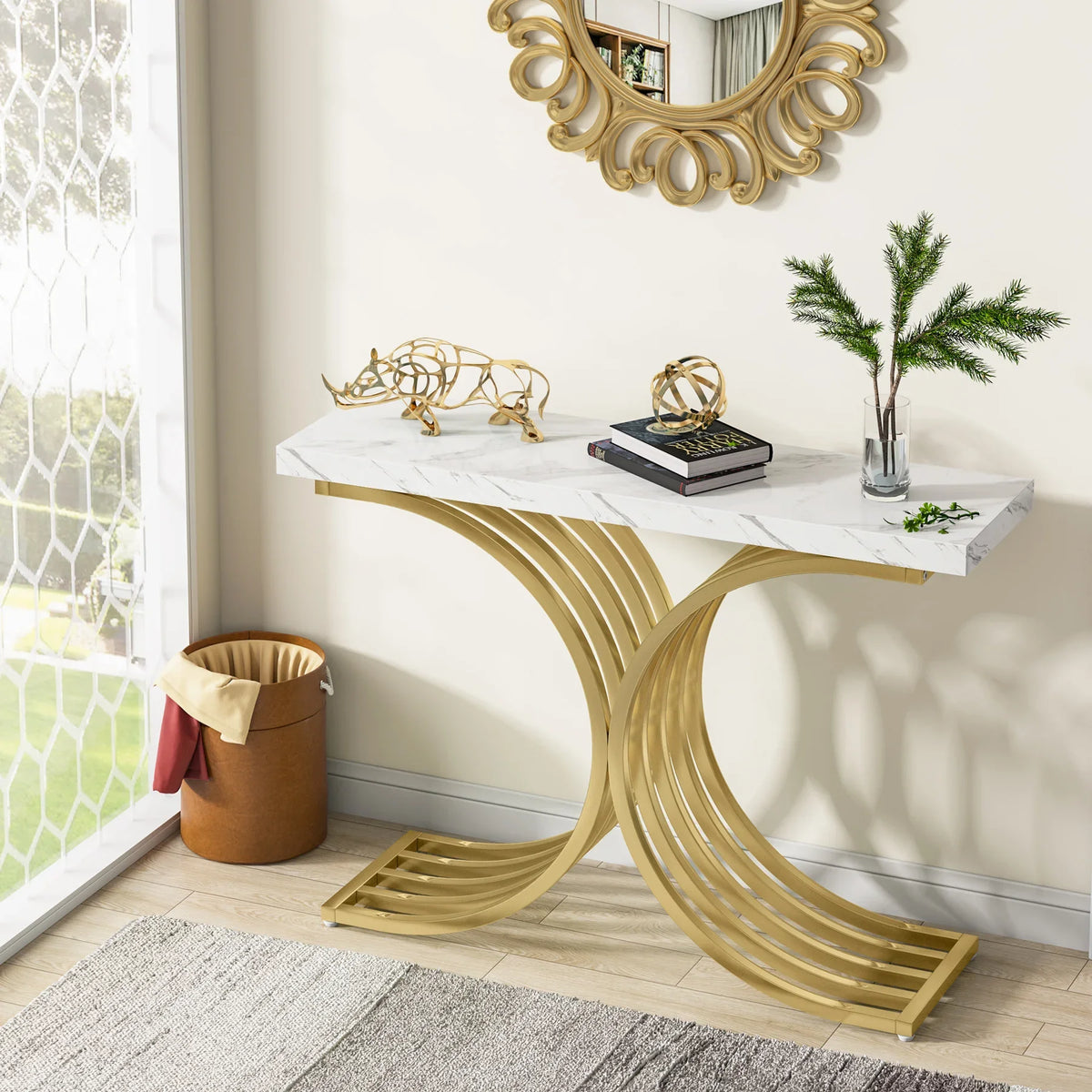 Tribesigns   Wooden Luxury Living Room Furniture Modern White Faux Marble Top Gold Metal Console Table