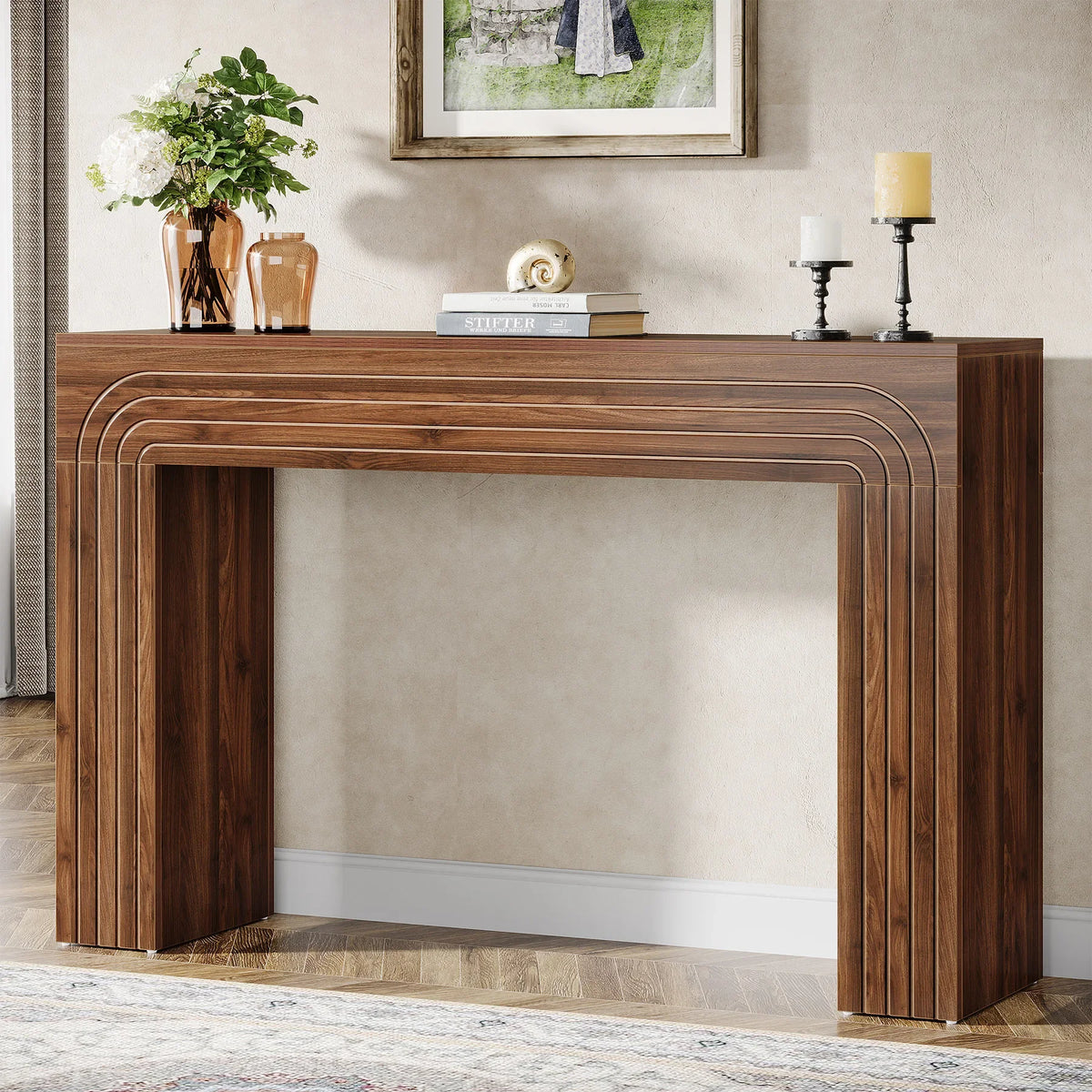 Rustic Bamboo Foyer Console Table With Matching Wall Mirror