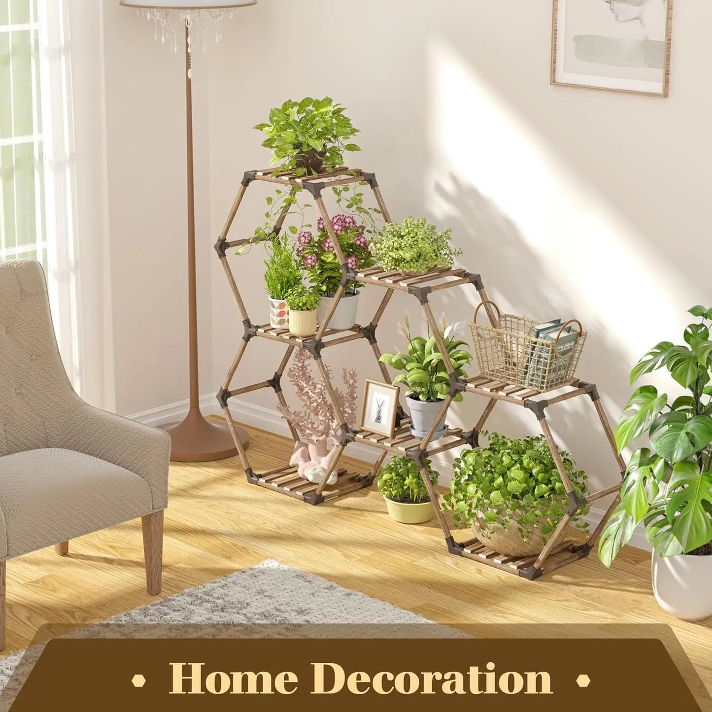 Hexagonal Wooden Plant Stand for Indoor and Outdoor Use