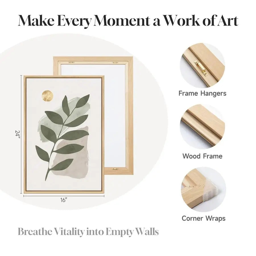 Framed Boho Sage Green Abstract Wall Art for Living Room, 3 Piece Leaf Botanical Canvas Artworks Decor, Minimalist Geometric Bei