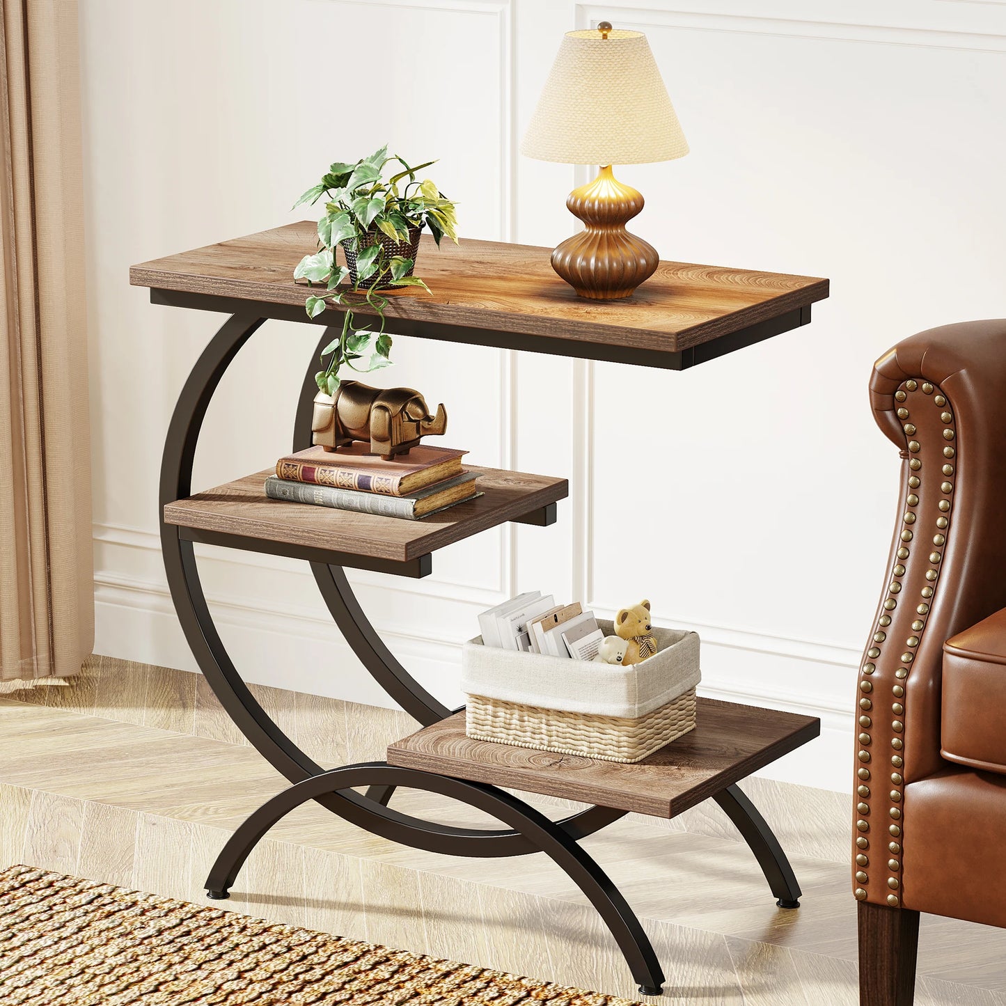 Tribesigns C Shaped End Table With Storage Shelves