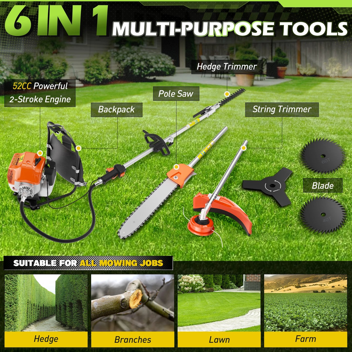 52cc 6-In-1 Gas Hedge Trimmer Multi-Tool For Yard Care