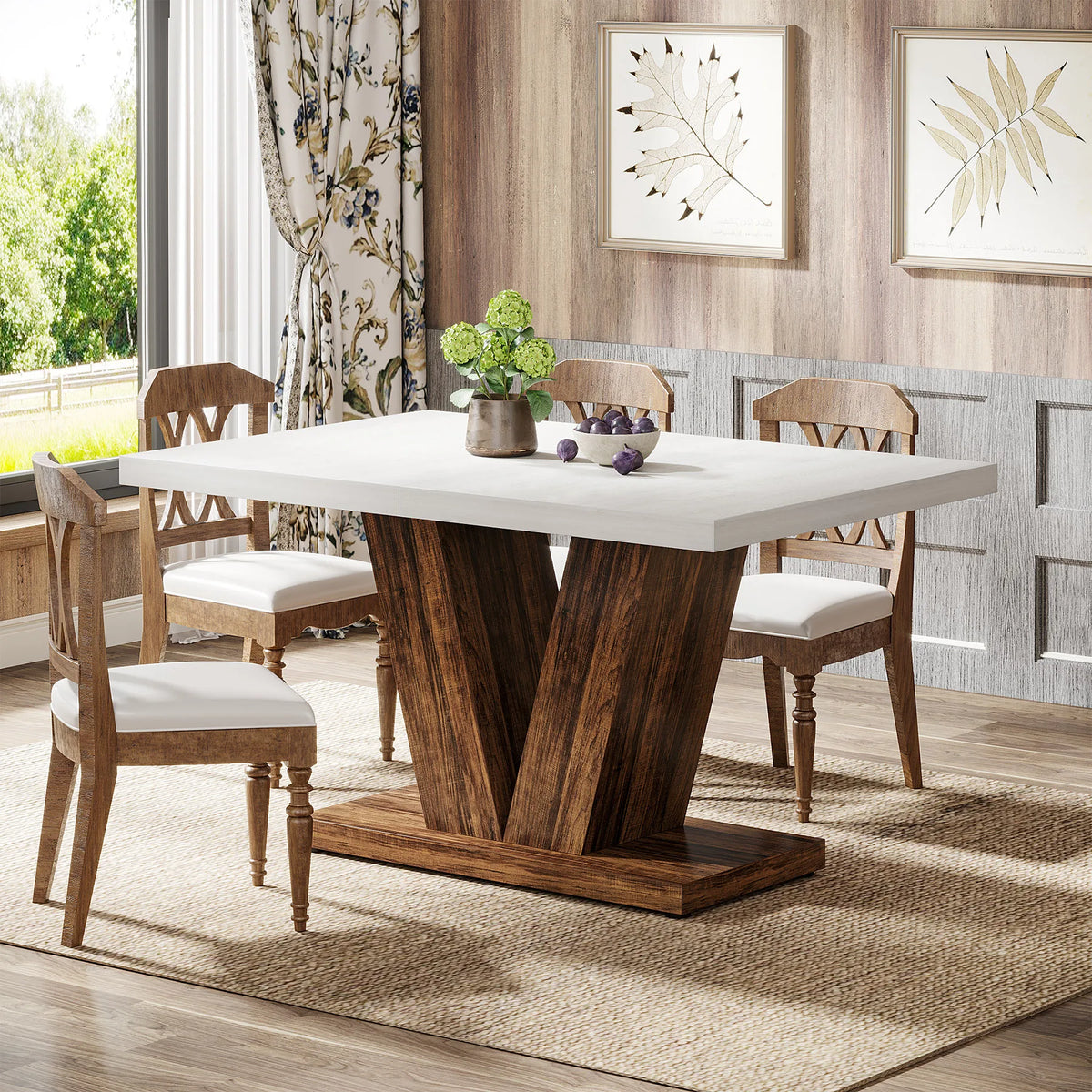 Tribesigns Farmhouse Wooden Dining Table With Heavy Duty Pedestal