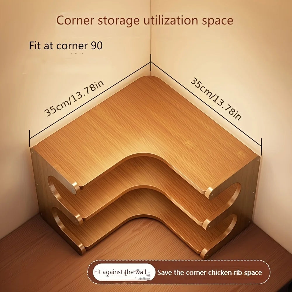 Three-Tier Bamboo Corner Desk Shelf Space-Saving Wall Mount Storage Rack