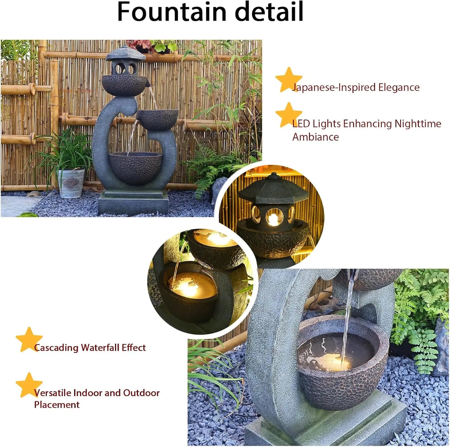 Outdoor Garden Water Fountain Zen Pagoda With LED Lights