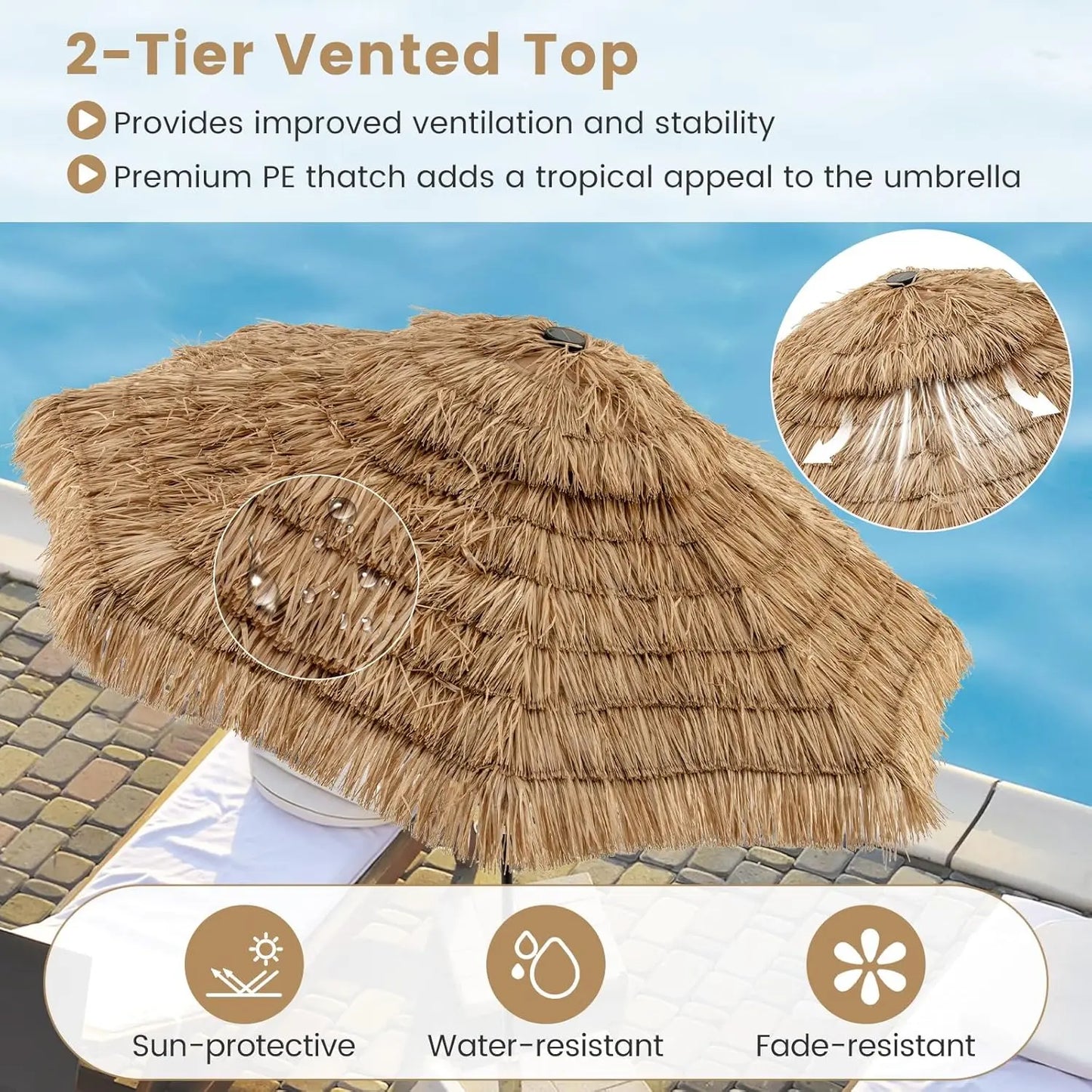 10ft Hula Thatched Tiki Umbrella, 2-Tier Hawaiian Style Solar Patio Umbrella with 32 LED Lights, Central Hub Light,, Customized