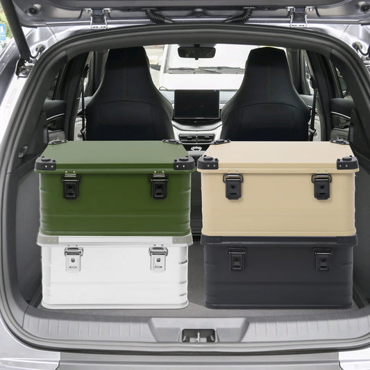 50L Large Aluminum Camping Storage Box Waterproof Dustproof Metal Organizer with Lid Lockable Latches Reinforced Corners Portable Stackable for Outdoor Gear Food Sleeping Bag Travel