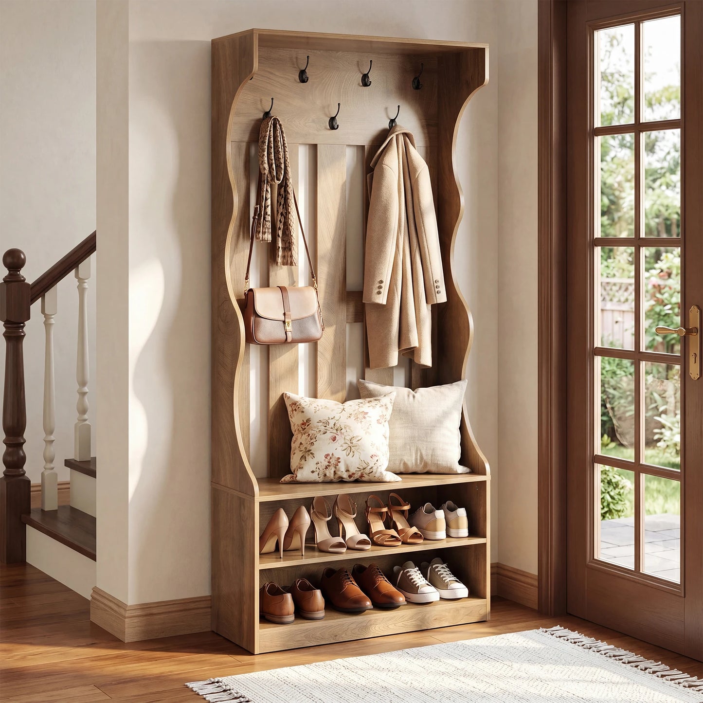 Tribesigns 3-In-1 Coat Rack with Shoe Bench, 70.9" Tall Hall Tree with 7 Hooks, Farmhouse Entryway Coat Rack with 2 Tier Shoe Storage for Entryway, Living Room, Bedroom, Brown